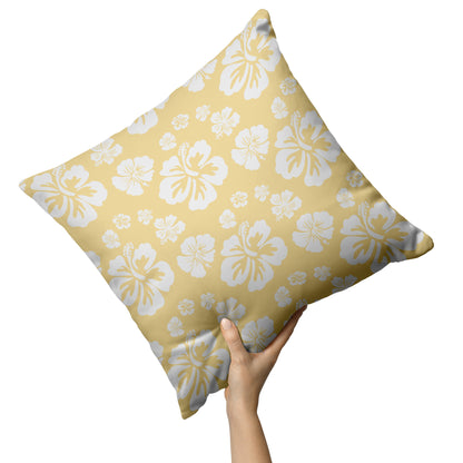 Hibiscus Soiree, White Hibiscus on Yellow, Throw Pillow
