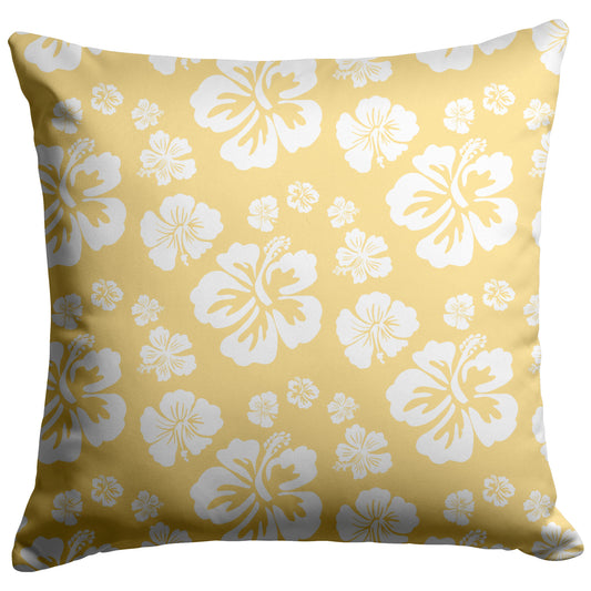 Hibiscus Soiree, White Hibiscus on Yellow, Throw Pillow