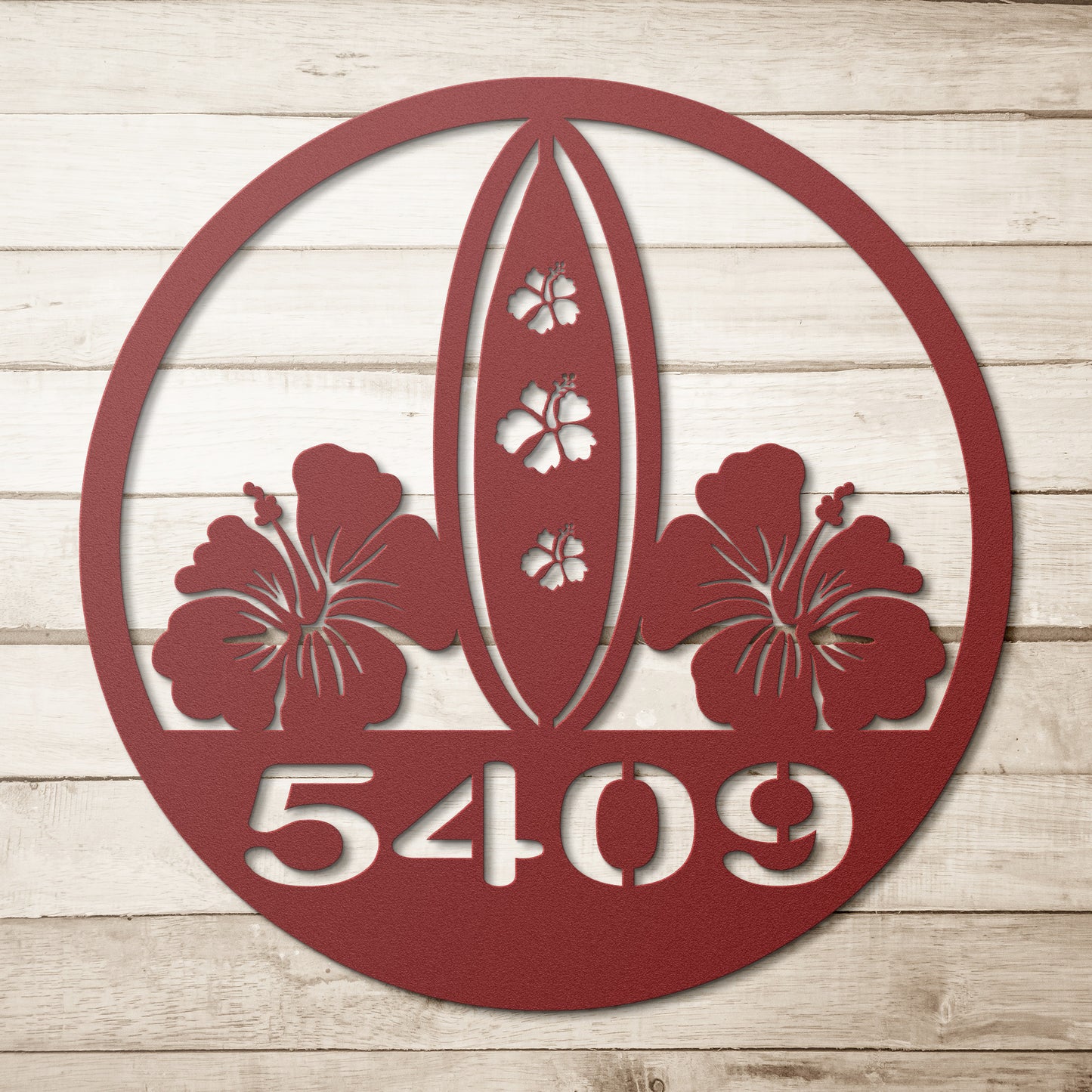 Metal House Number Surfboard and Hibiscus Sign, Custom House Number Sign, Housewarming Gift, Wedding Gifts,