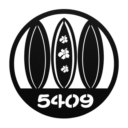 Metal Sign Custom House Number Surfboards with Hibiscus
