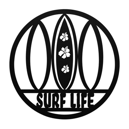 Metal Sign Surf Life Surfboards with Hibiscus