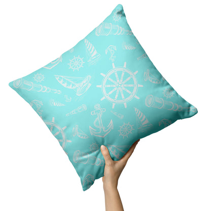 Nautical Sketches Design on Coastal Blue Background, Throw Pillow