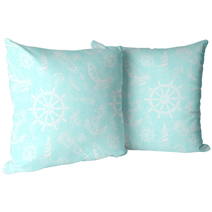 Nautical Sketches Design on Coastal Blue Linen Textured Background, Throw Pillow