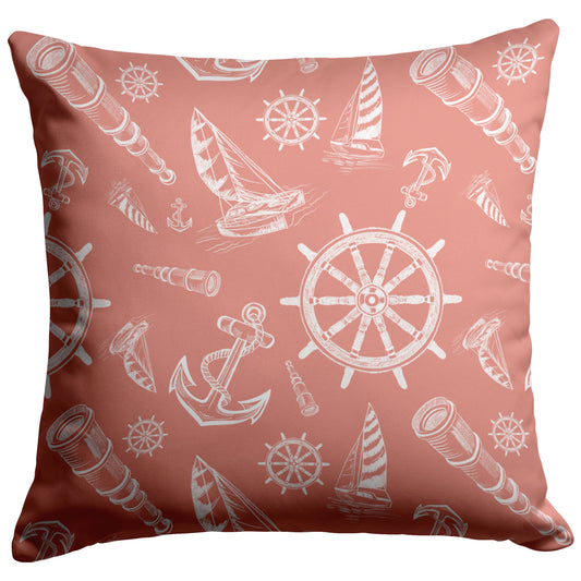 Nautical Sketches Design on Coral Background, Throw Pillow