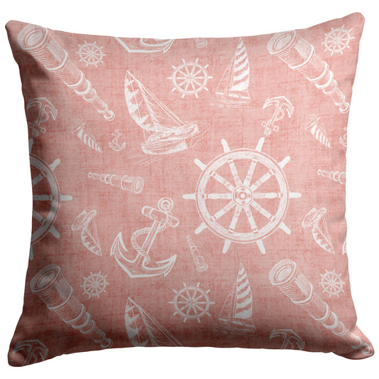 Nautical Sketches Design on Coral Linen Textured Background, Throw Pillow