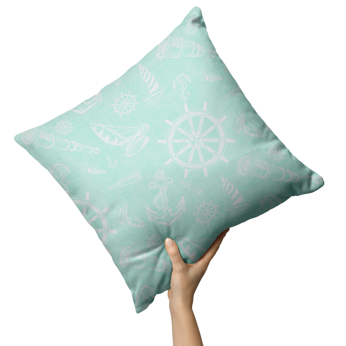 Nautical Sketches Design on Mint Linen Textured Background, Throw Pillow