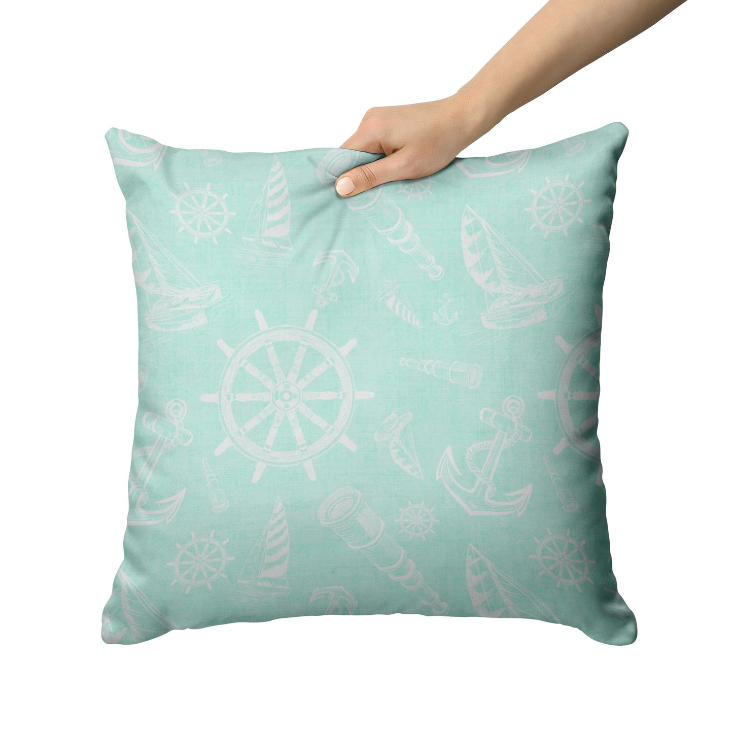 Nautical Sketches Design on Mint Linen Textured Background, Throw Pillow