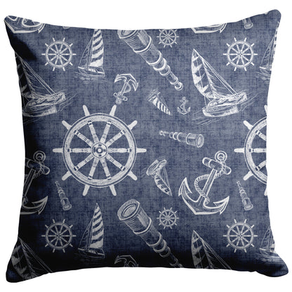Nautical Sketches Design on Navy Linen Textured Background, Throw Pillow