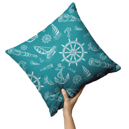 Nautical Sketches Design on Teal Background, Throw Pillow