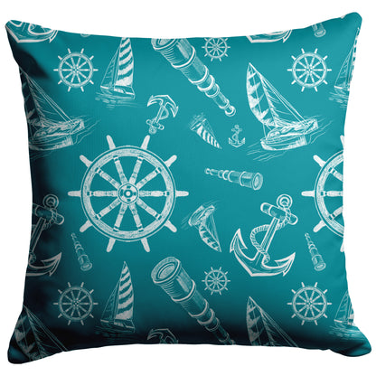 Nautical Sketches Design on Teal Background, Throw Pillow