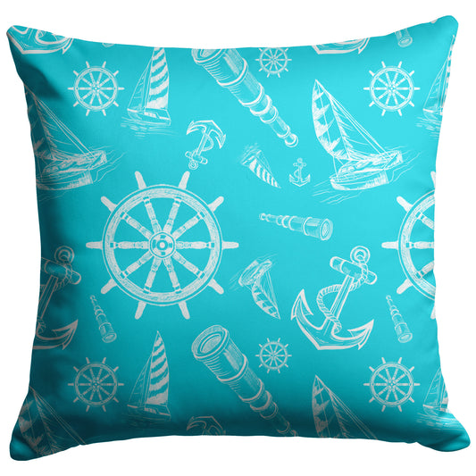 Nautical Sketches Design on Tropical Blue Background, Throw Pillow
