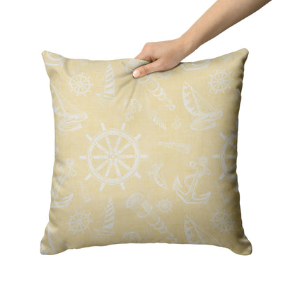 Nautical Sketches Design on Yellow Linen Textured Background, Throw Pillow