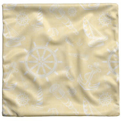Nautical Sketches Design on Yellow Linen Textured Background, Throw Pillow