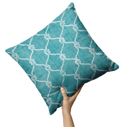 Nautical Netting Design on Teal Linen Textured Background, Throw Pillow