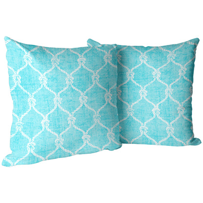 Nautical Netting Design on Tropical Blue Linen Textured Background, Throw Pillow