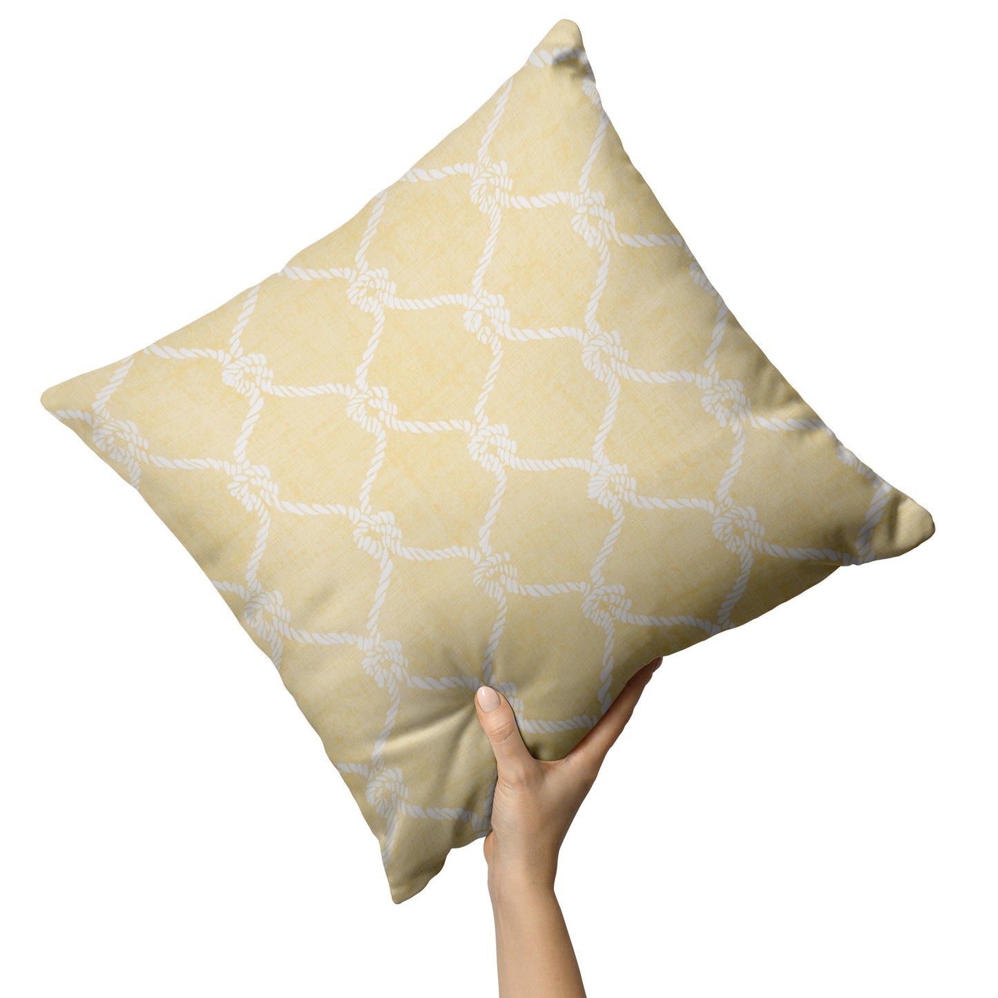 Nautical Netting Design on Yellow Linen Textured Background, Throw Pillow