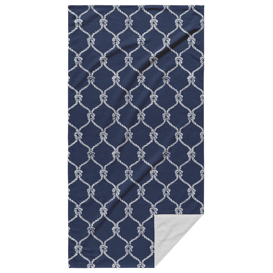 Nautical Netting Sketches on Navy Background, Beach Towel