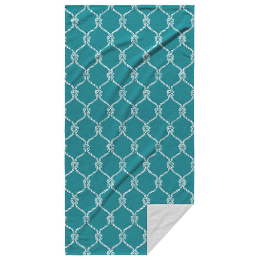 Nautical Netting Sketches on Teal Background, Beach Towel