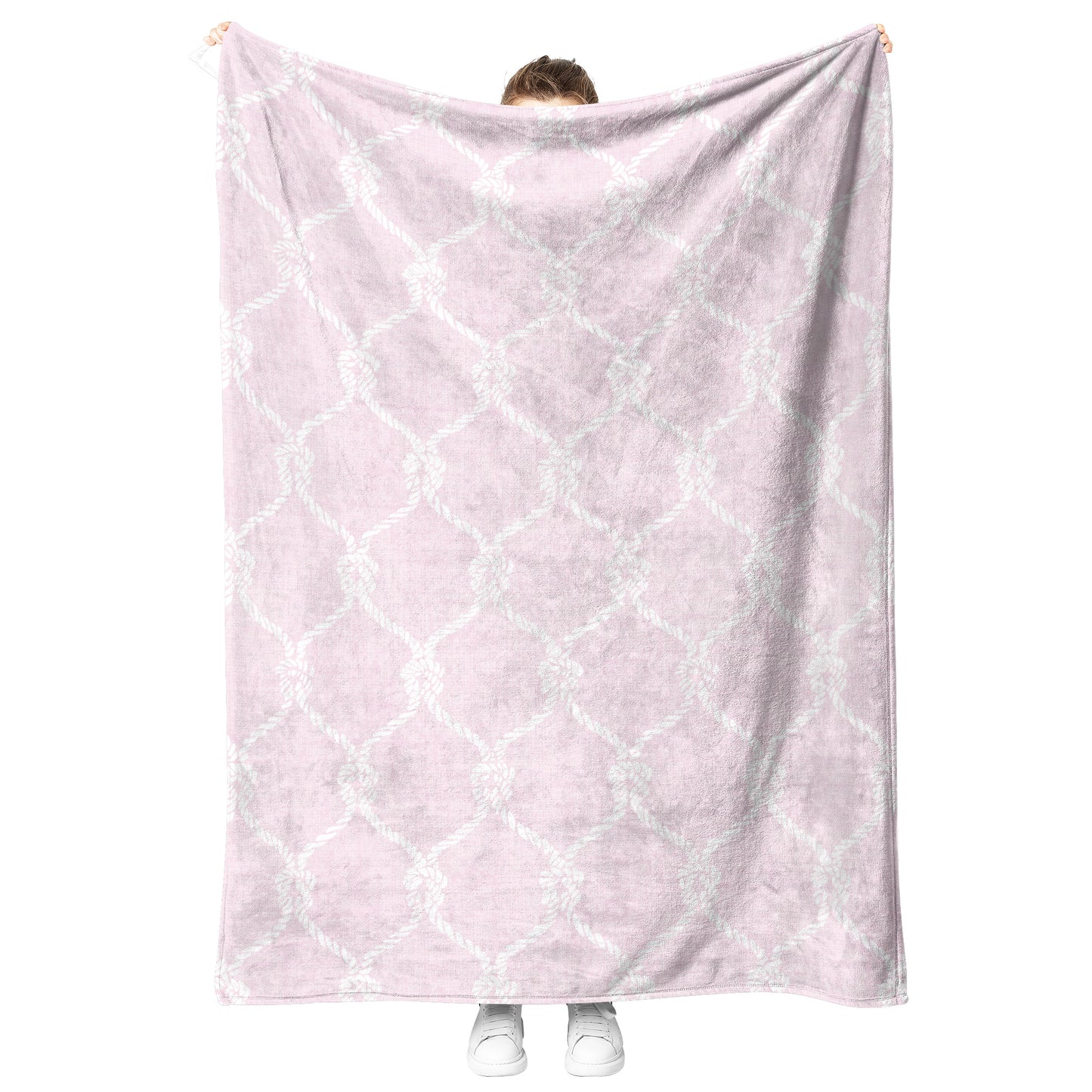 Nautical Netting on Pink Linen Texture Background, Fleece Blanket