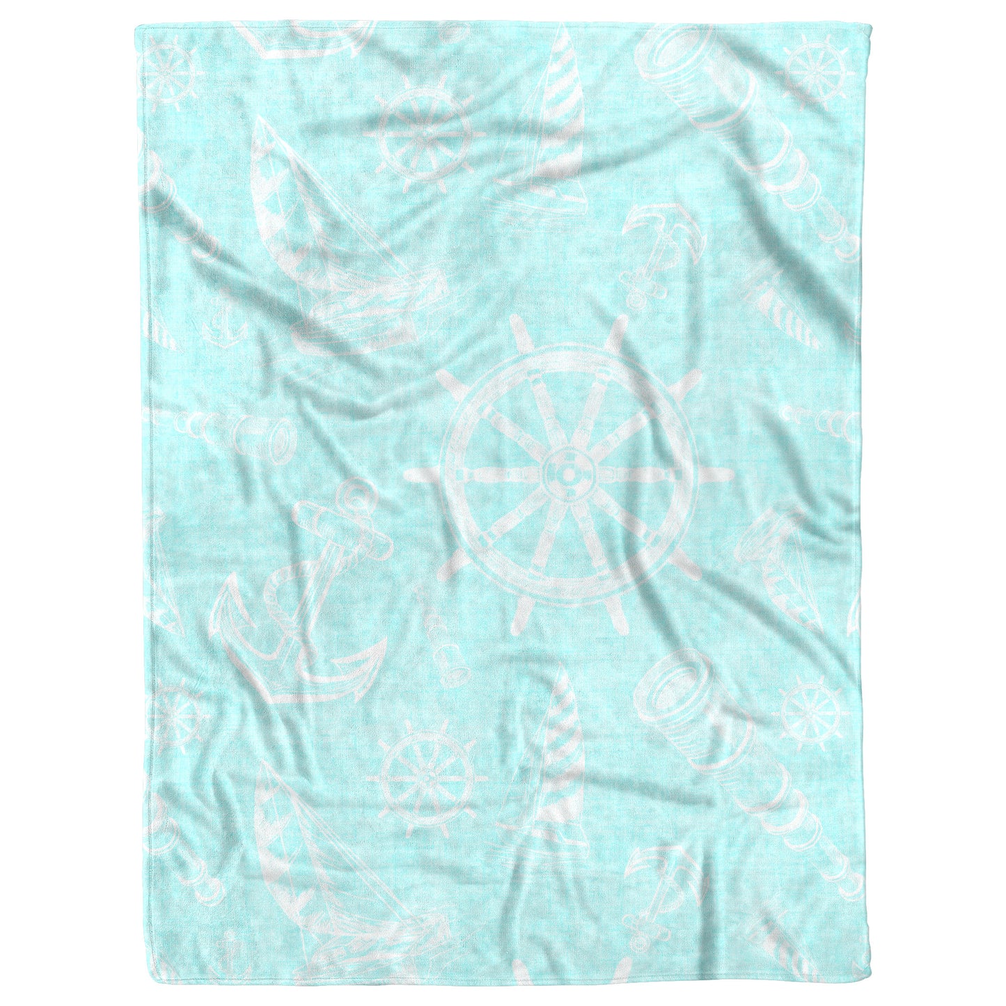 Nautical Sketches on Coastal Blue Linen Texture Background, Fleece Blanket
