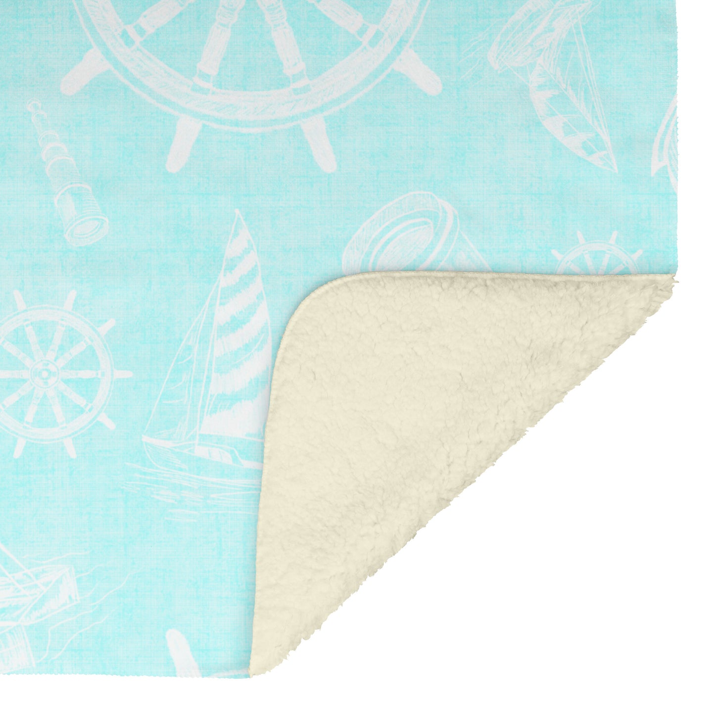 Nautical Sketches on Coastal Blue Linen Texture Background, Fleece Blanket
