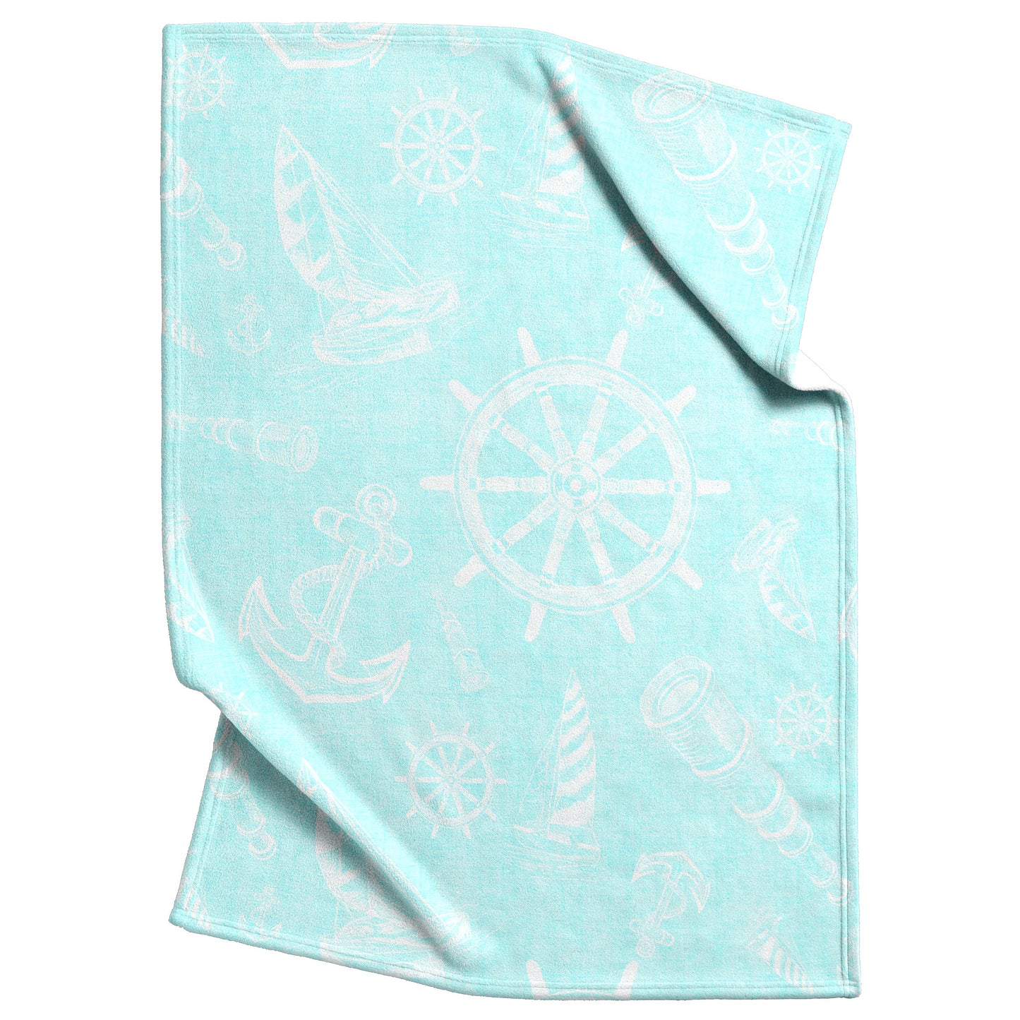 Nautical Sketches on Coastal Blue Linen Texture Background, Fleece Blanket