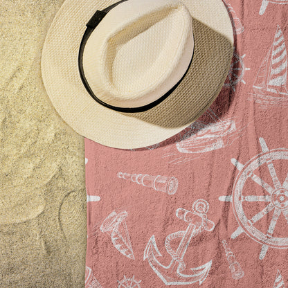 Nautical Sketches on Coral Background, Beach Towel