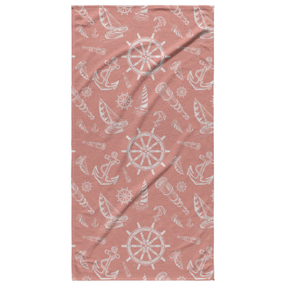 Nautical Sketches on Coral Background, Beach Towel