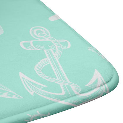 Nautical Sketches on Mint Background, Bath Mats