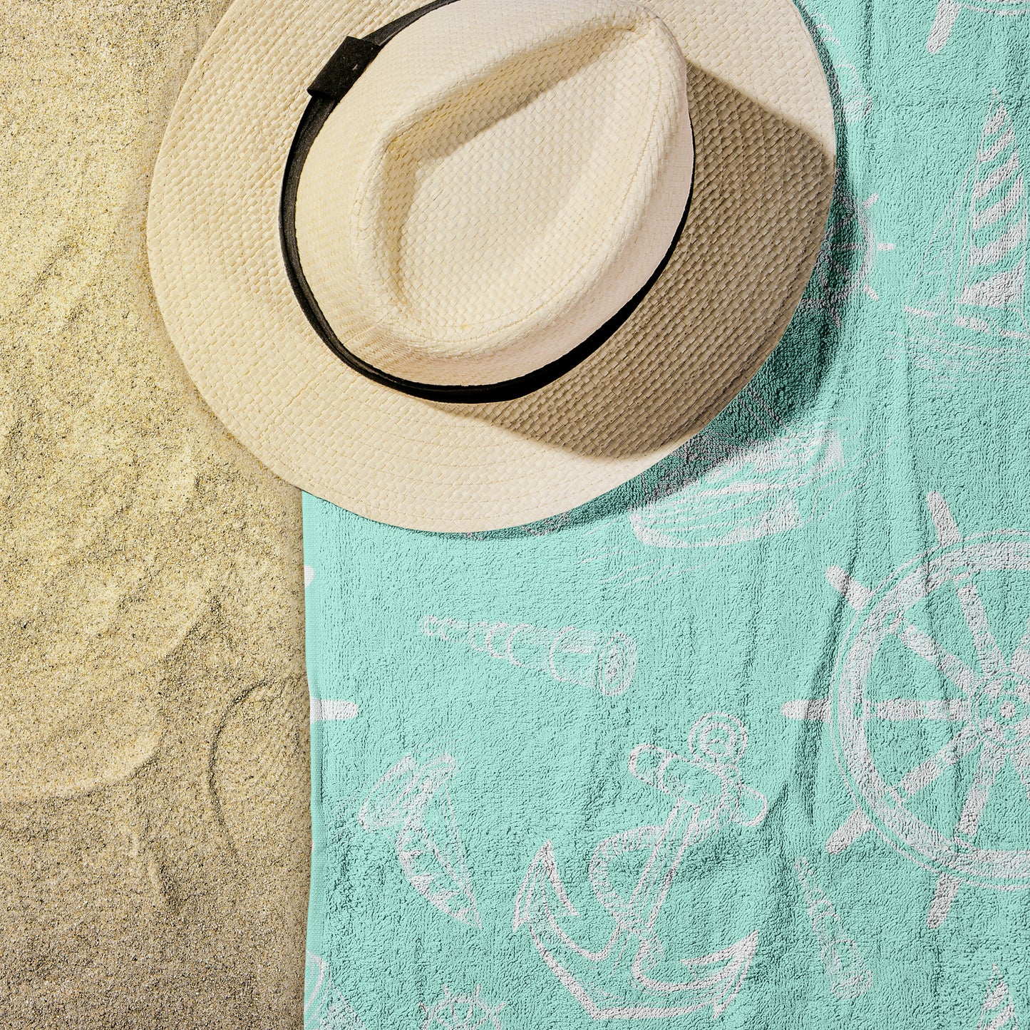 Nautical Sketches on Mint Background, Beach Towel