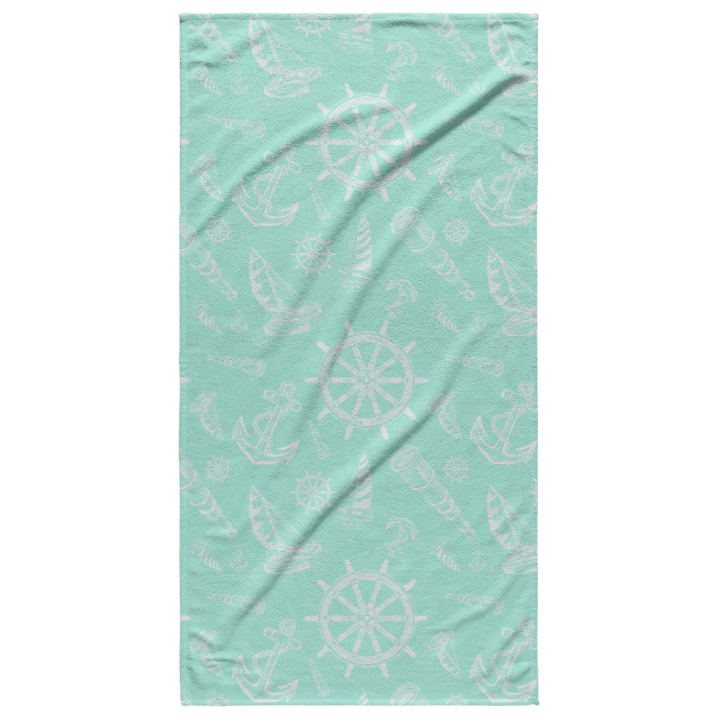 Nautical Sketches on Mint Background, Beach Towel