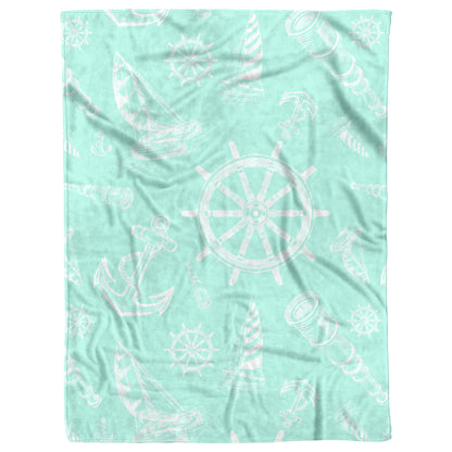 Nautical Sketches on Mint Background, Fleece Blanket