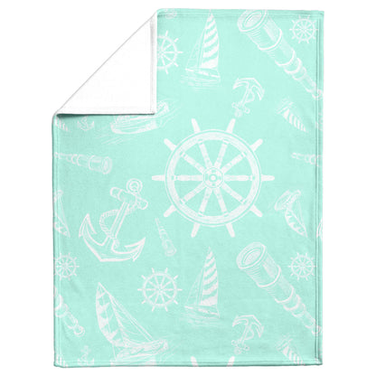 Nautical Sketches on Mint Background, Fleece Blanket