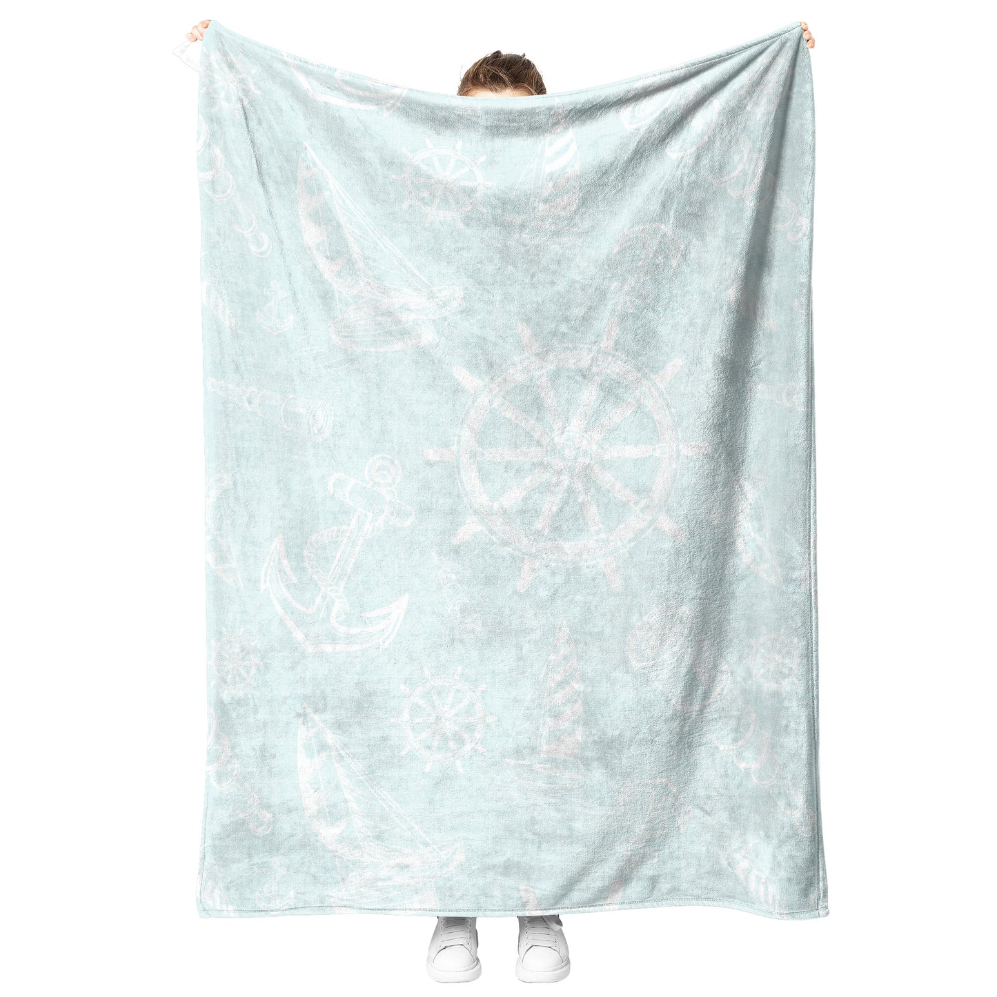 Nautical Sketches on Mist Linen Texture Background, Fleece Blanket