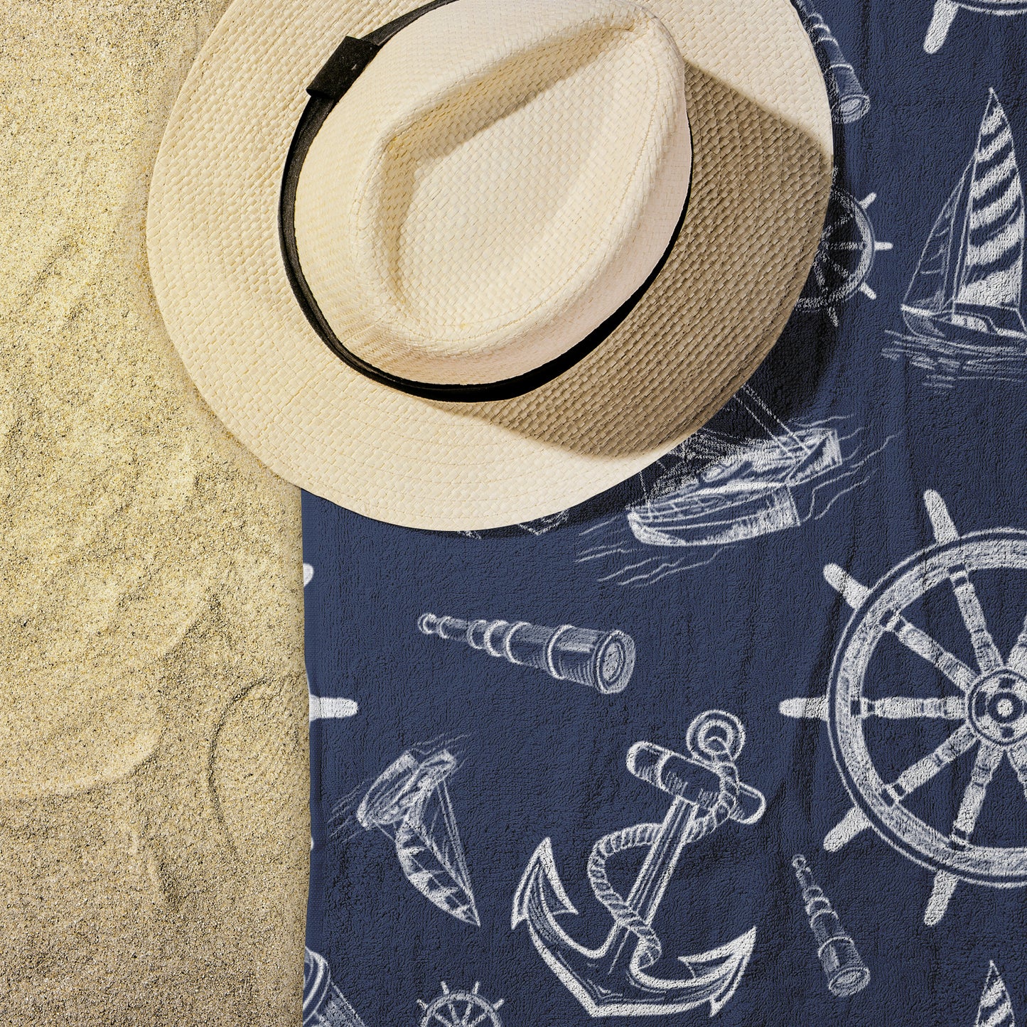 Nautical Sketches on Navy Background, Beach Towel