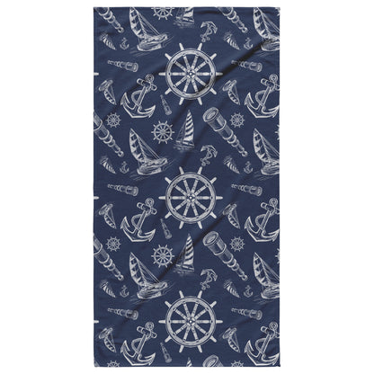 Nautical Sketches on Navy Background, Beach Towel