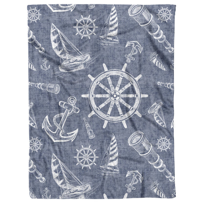 Nautical Sketches on Navy Blue Linen Texture Background, Fleece Blanket