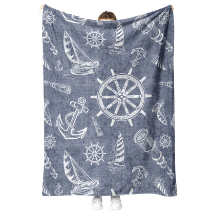 Nautical Sketches on Navy Blue Linen Texture Background, Fleece Blanket