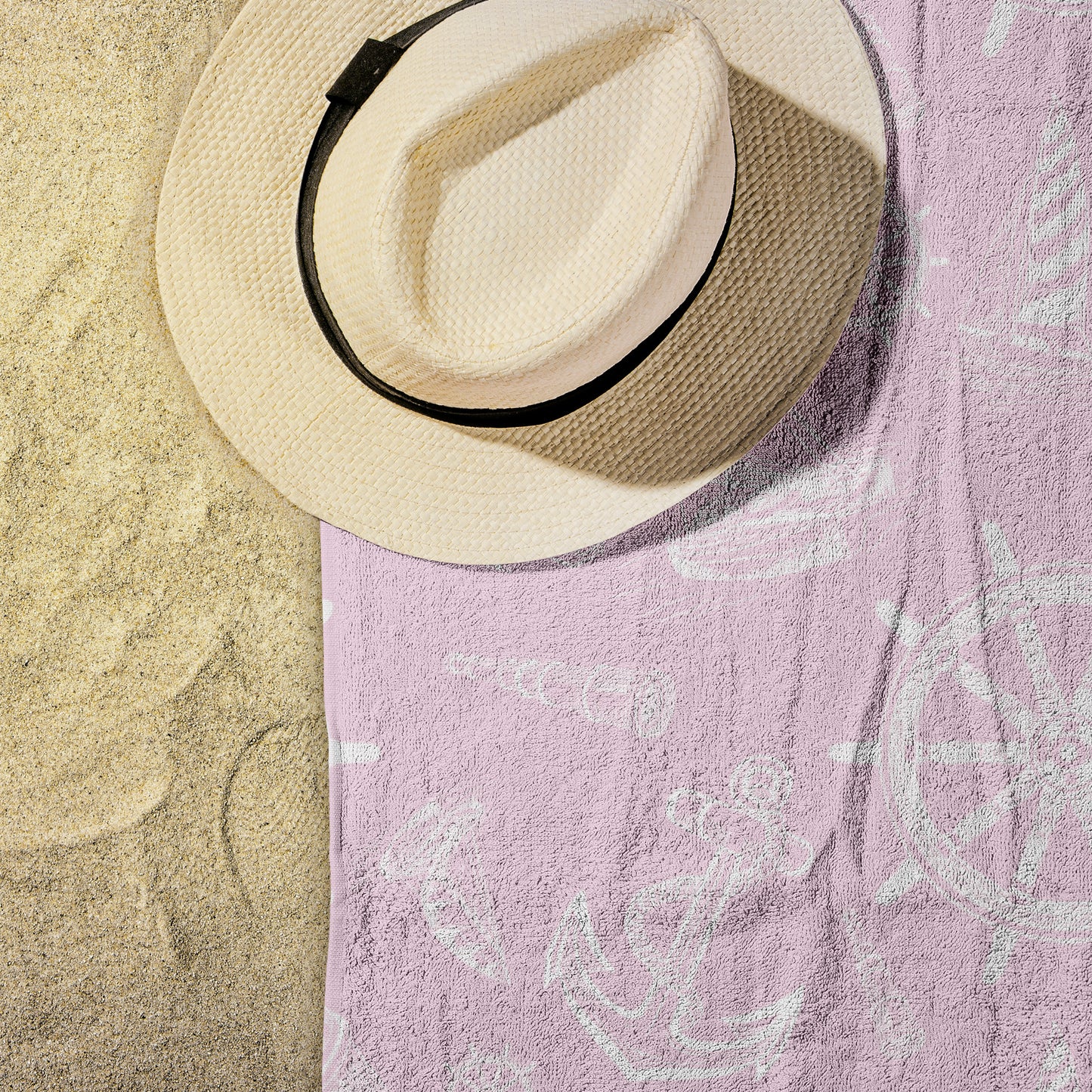 Nautical Sketches on Pink Background, Beach Towel