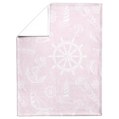 Nautical Sketches on Pink Linen Texture Background, Fleece Blanket