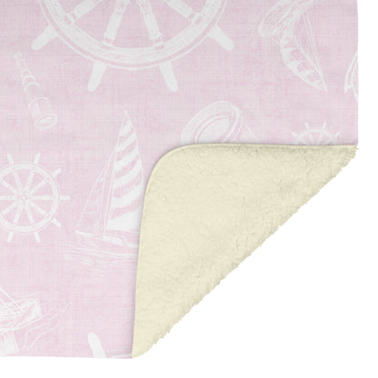 Nautical Sketches on Pink Linen Texture Background, Fleece Blanket