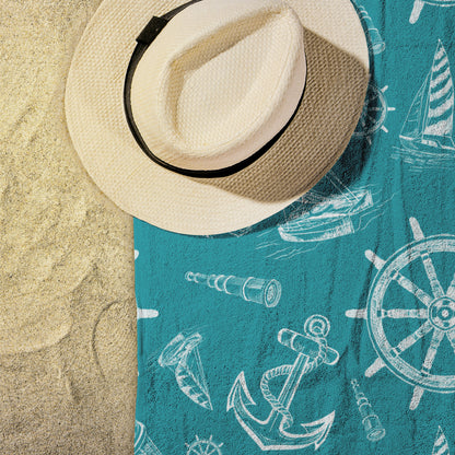 Nautical Sketches on Teal Background, Beach Towel