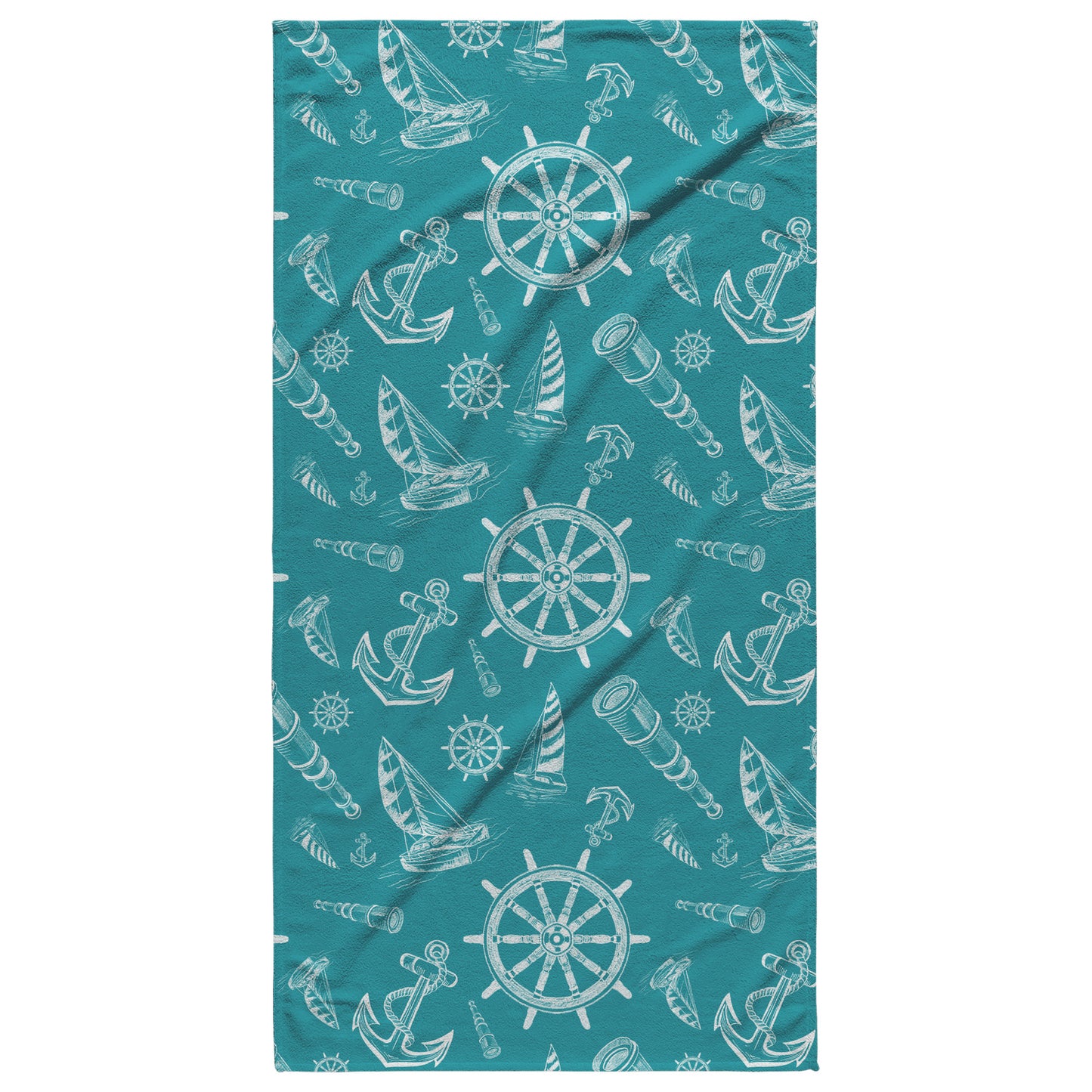 Nautical Sketches on Teal Background, Beach Towel