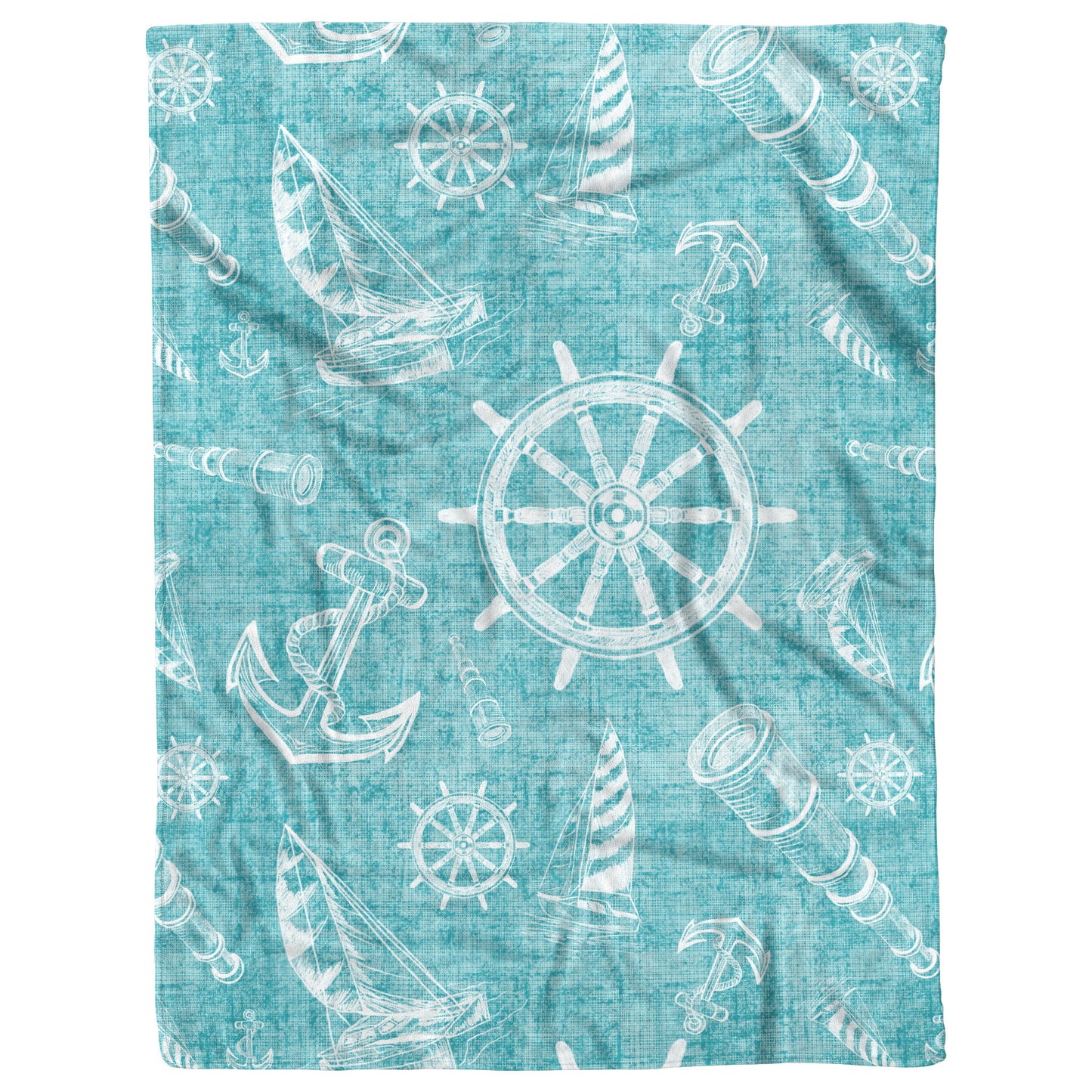 Nautical Sketches on Teal Linen Texture Background, Fleece Blanket