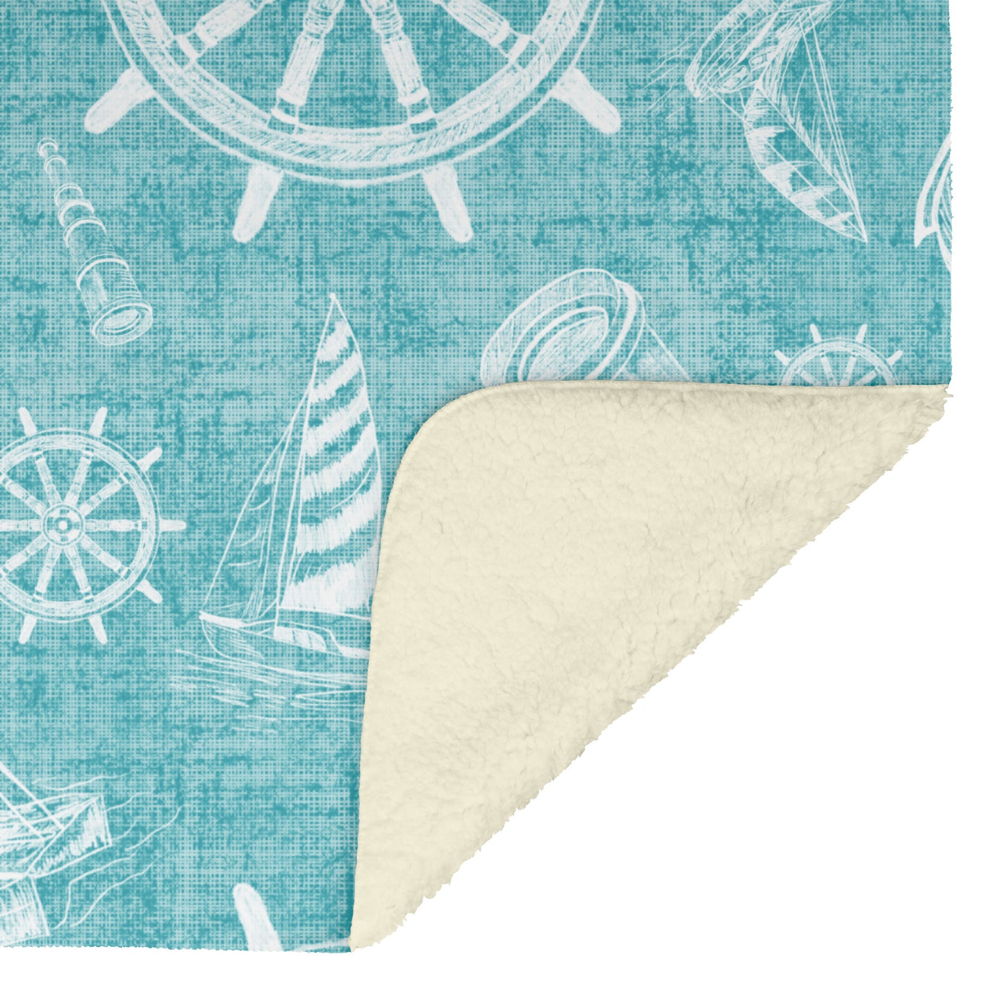 Nautical Sketches on Teal Linen Texture Background, Fleece Blanket