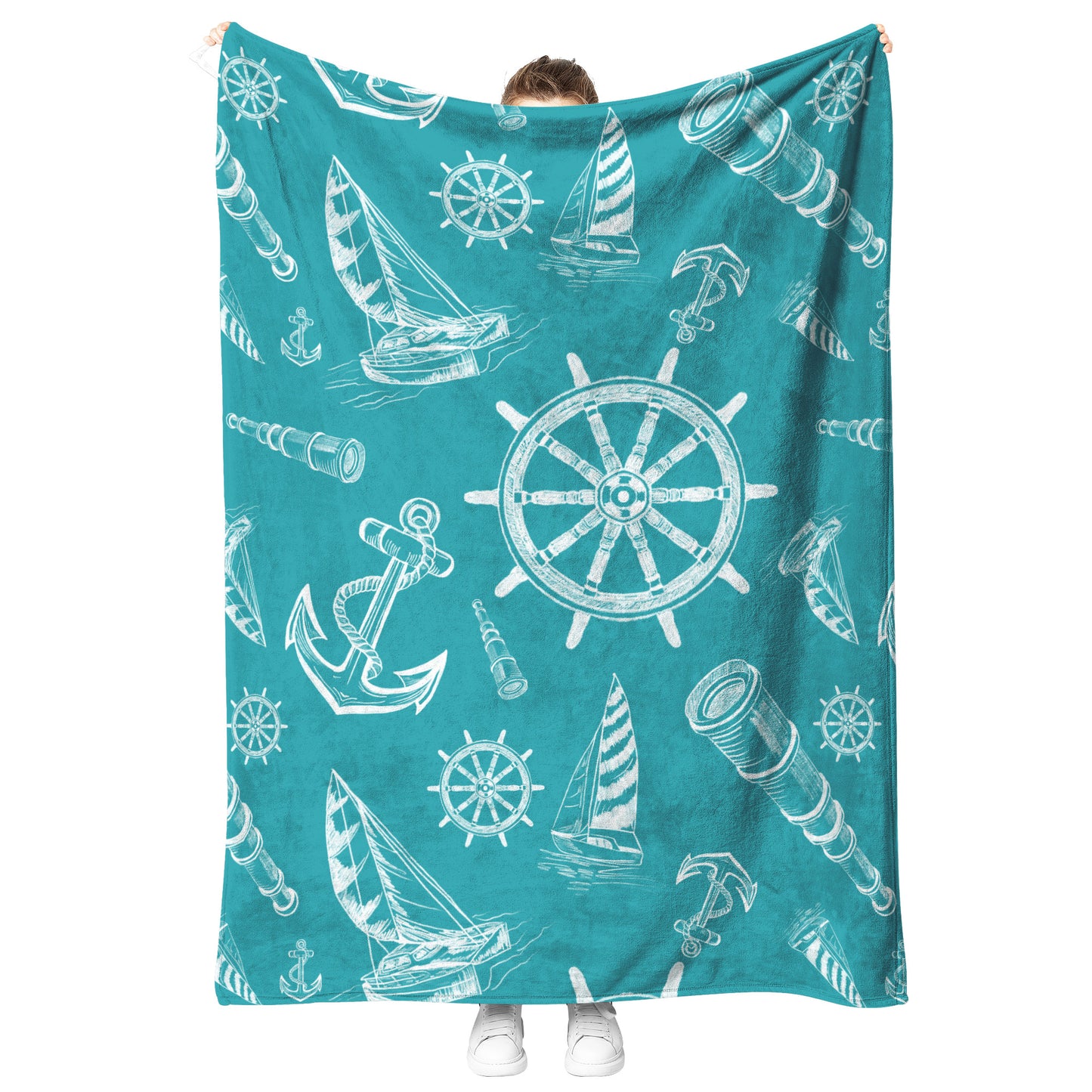 Nautical Sketches on Teal  Background, Fleece Blanket