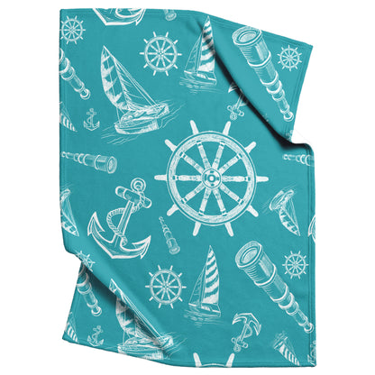Nautical Sketches on Teal  Background, Fleece Blanket