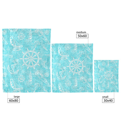 Nautical Sketches on Tropical Blue Linen Texture Background, Fleece Blanket