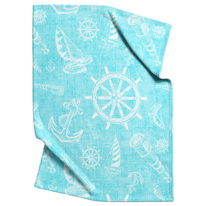 Nautical Sketches on Tropical Blue Linen Texture Background, Fleece Blanket
