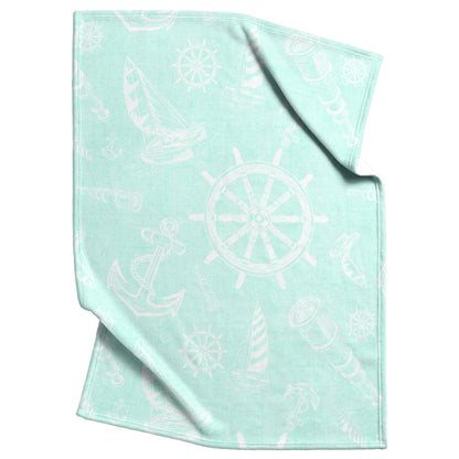 Nautical Sketches on Mint Linen Texture Background, Fleece Blanket